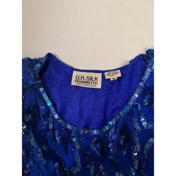 O.R. Silk Dress‎ Women's Small Blue Beaded Sequin Evening Cocktail Dress Vintage - Picture 9 of 15